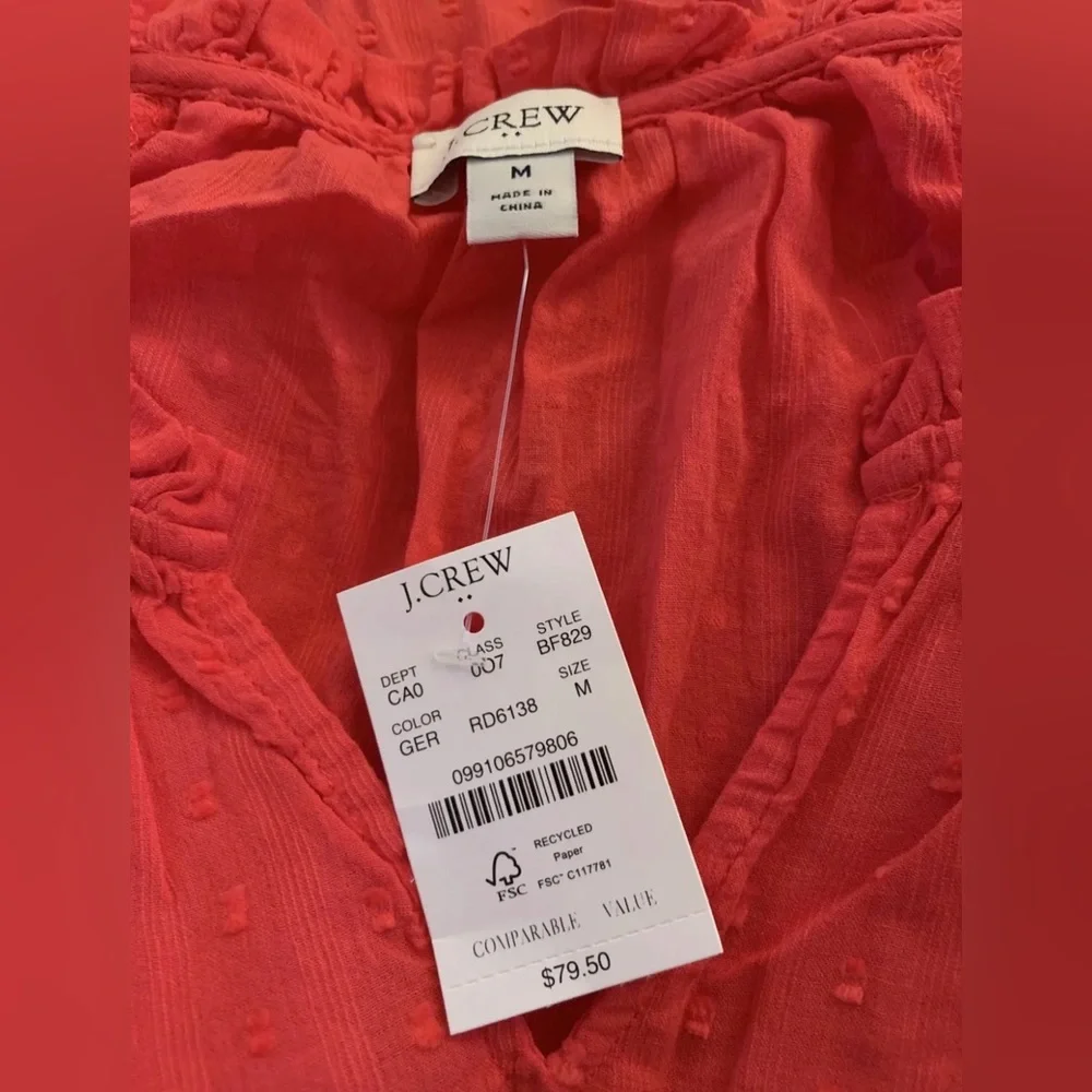J. Crew Novelty Artist Top in Lightweight 100% Cotton, Geranium Red, Size XS